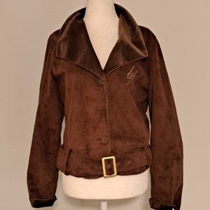 Baby Phat Caramel Faux Suede Belted Jacket with Fleece Collar Size Large